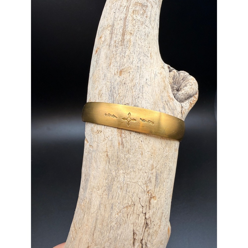 Vintage Solid Brass Cuff Bracelet HT Hand Stamped Southwestern Lightning Design